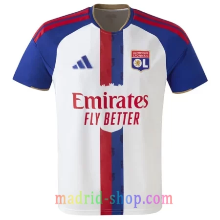 Camiseta Olympique de Lyon Primera Equipación 2026-27 blanca con mangas azules y detalles dorados.