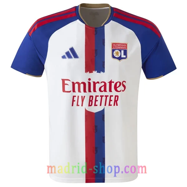 Camiseta Olympique de Lyon Primera Equipación 2026-27 Camiseta Olympique de Lyon Primera Equipación 2026-27 blanca con mangas azules y detalles dorados.
