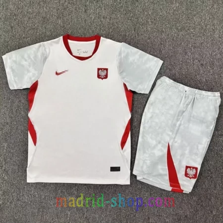Camiseta Polonia Primera Equipación 2026 Niño conjunto blanco con pantalón corto de fútbol.