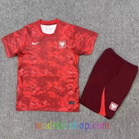 Camiseta Polonia Segunda Equipación 2026 Niño conjunto carmesí de mármol con pantalón corto.