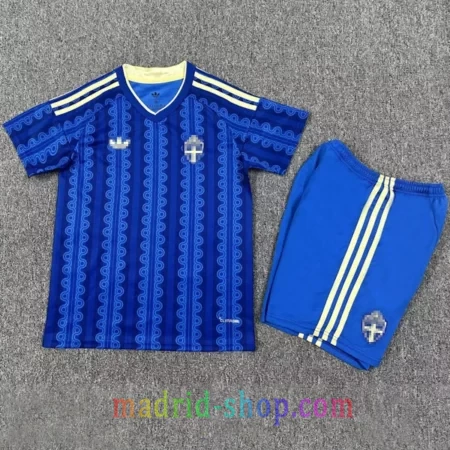 Camiseta Suecia Segunda Equipación 2026 Niño azul con líneas geométricas y pantalón corto.