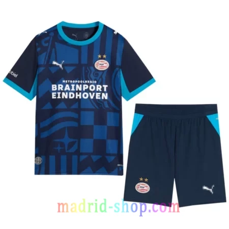Camiseta PSV Eindhoven Niño Tercera Equipación 2026-27 azul marino con conjunto de pantalón.