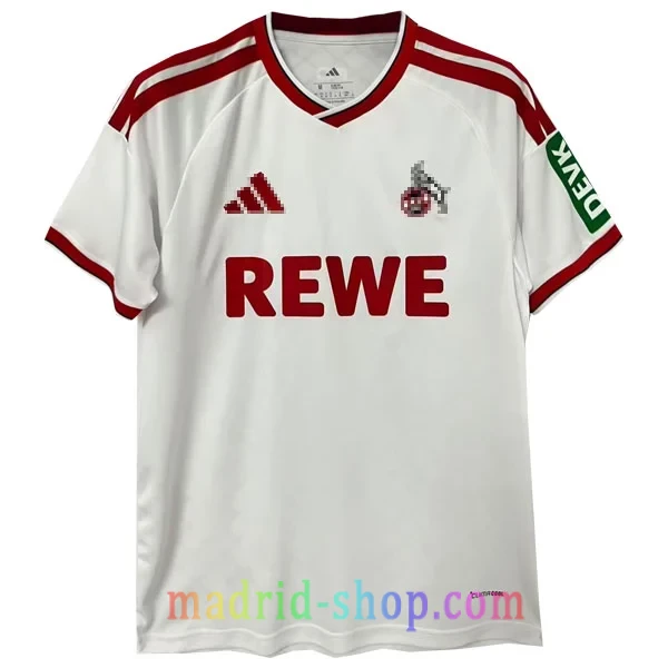 Camiseta Colonia Primera Equipación 2026-27 Blanca Camiseta Colonia Primera Equipación 2026-27 blanca con franjas horizontales y detalles en rojo y negro del FC Köln.