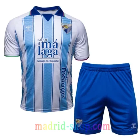 Camiseta Málaga Primera Equipación 2026-27 Niño conjunto infantil blanquiazul con cuello Polo.