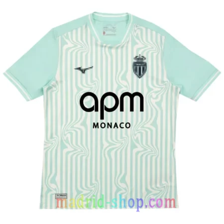 Camiseta AS Monaco Tercera Equipación 2026-27 verde menta con ondas psicodelicas blancas.