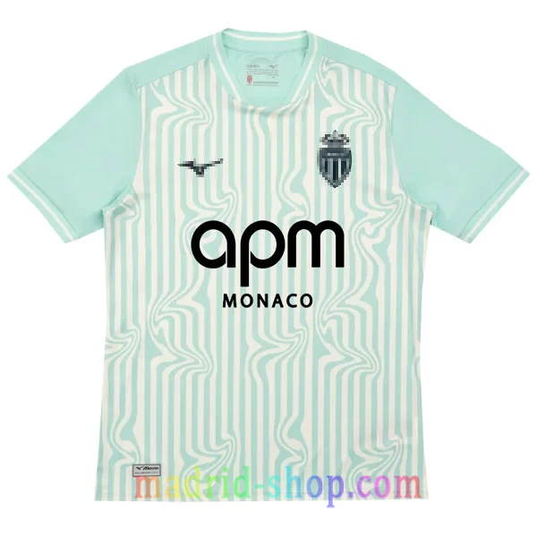 Camiseta AS Monaco Tercera Equipación 2026-27 Camiseta AS Monaco Tercera Equipación 2026-27 verde menta con ondas psicodelicas blancas.