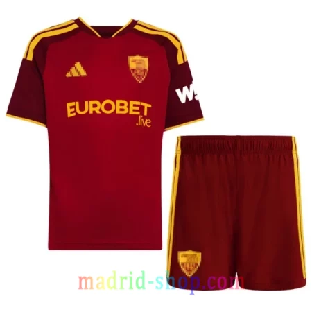 Camiseta AS Roma Primera Equipación 2026-27 Niño conjunto infantil rojo con pantalón corto granate.