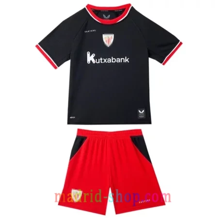 Camiseta Athletic Club Segunda Equipación 2026-27 Niño conjunto infantil negro con detalles rojo y blanco y pantalón corto.