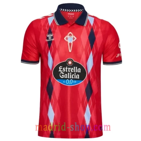 Camiseta Celta de Vigo Tercera Equipación 2026-27 roja con rombos celestes y cuello polo.