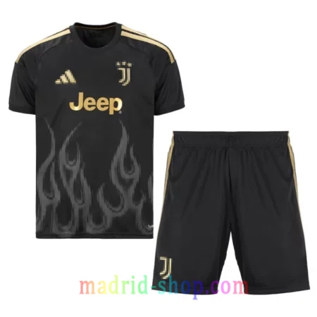 Camiseta Juventus Tercera Equipación 2026-27 Niño conjunto infantil negro con pantalon corto.