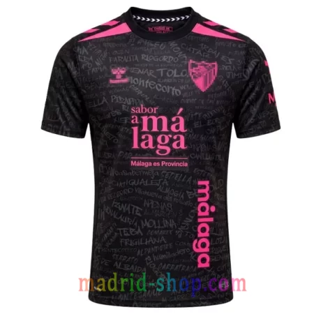 Camiseta Málaga CF Tercera Equipación 2026-27 negra y rosa neón con nombres de los 103 municipios.