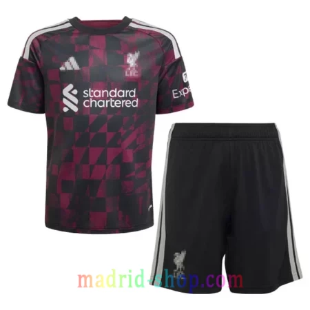 Camiseta Liverpool Tercera Equipación 2026-27 Niño conjunto negro y granate.