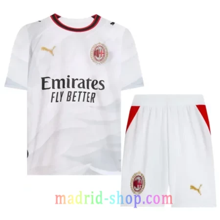 Camiseta Milan Niño Segunda Equipación 2026-27 conjunto blanco y dorado.